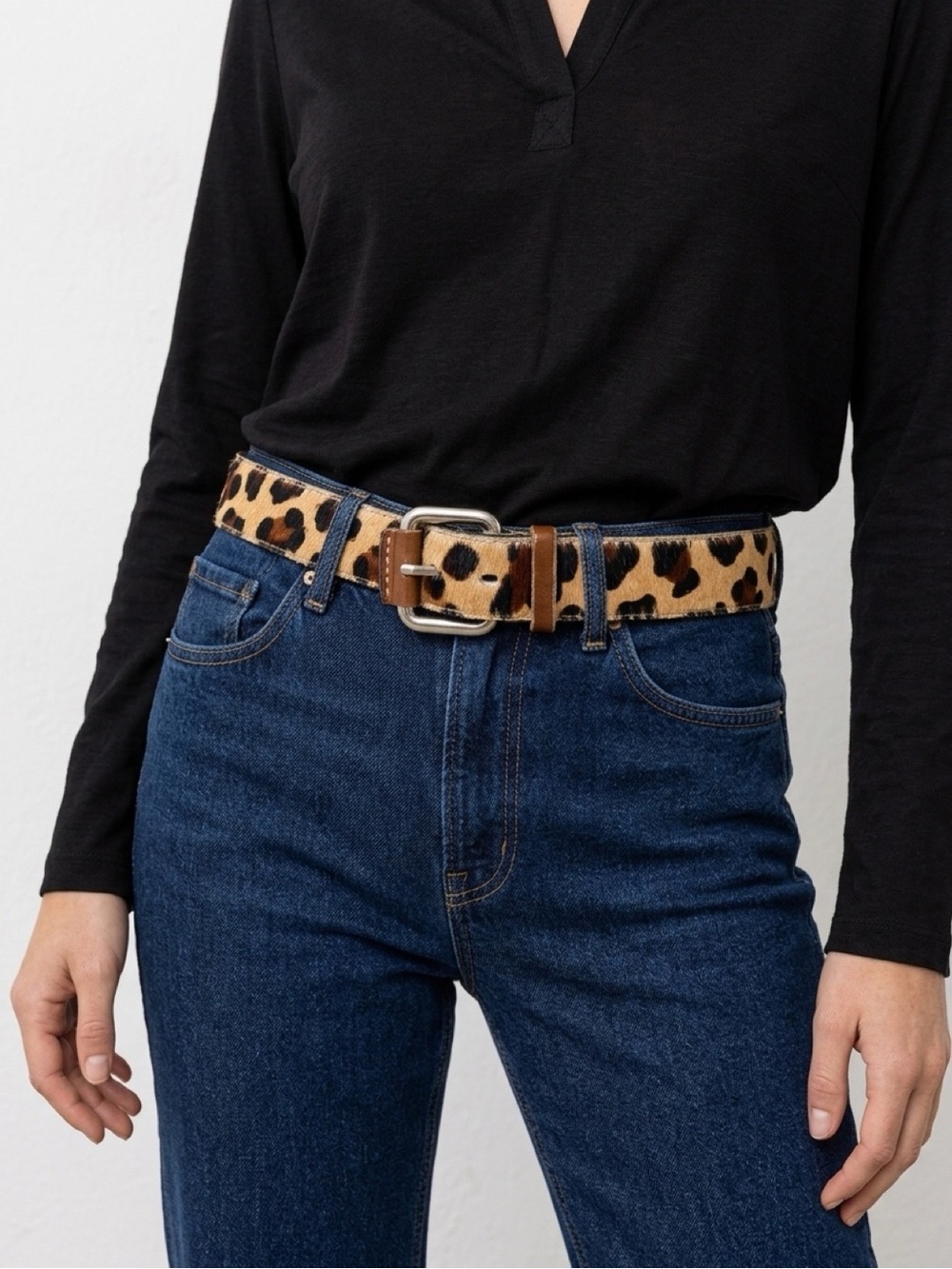 Leopard Print Leather Belt - Brown Cowhide Accent